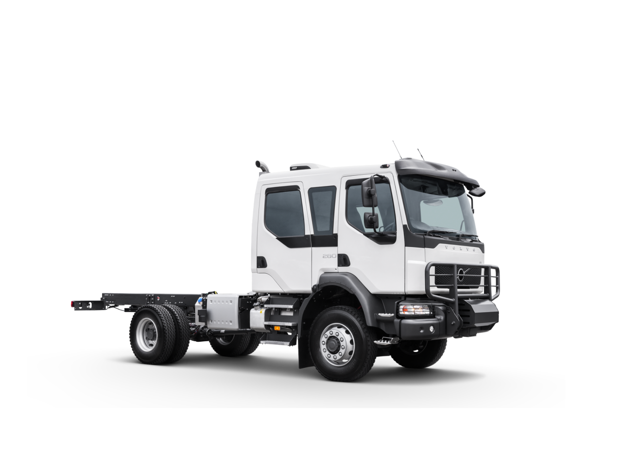 Studio front-side view of a grey Volvo FL.